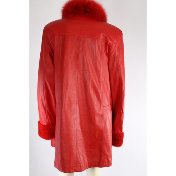 Vintage Red Leather Reversible Coat Fox Fur Collar Size M Luxury Retro Winter - Picture 13 of 16